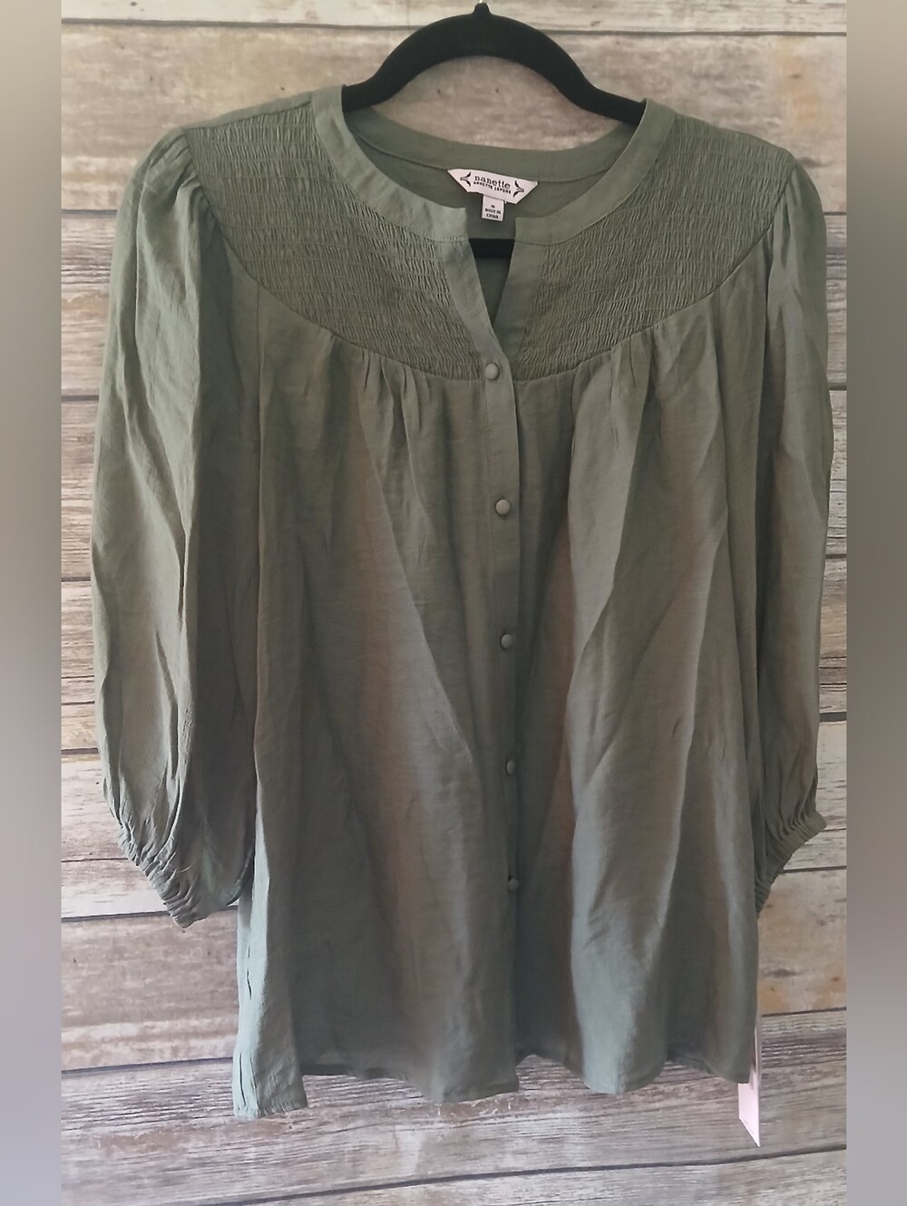 Nanette Lepore Olive Green Smocked Yoke Button-Front Blouse